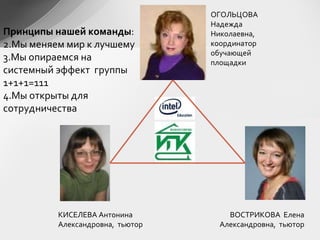 ОГОЛЬЦОВА Надежда Николаевна,  координатор обучающей площадки КИСЕЛЕВА Антонина Александровна,  тьютор ВОСТРИКОВА  Елена Александровна,  тьютор Принципы нашей команды : Мы меняем мир к лучшему Мы опираемся на системный эффект  группы 1+1+1=111 Мы открыты для сотрудничества 