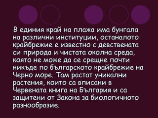 В единия край на плажа има бунгала на различни институции, останалото крайбрежие е известно с девствената си природа и чистата околна среда, която не може да се срещне почти никъде по българското крайбрежие на Черно море. Там растат уникални растения, които са вписани в Червената книга на България и са защитени от Закона за биологичното разнообразие. 