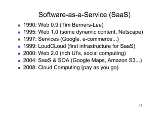 Software-as-a-Service (SaaS)
    1990: Web 0.9 (Tim Berners-Lee)
    1995: Web 1.0 (some dynamic content, Netscape)
    1997: Services (Google, e-commerce...)
    1999: LoudCLoud (first infrastructure for SaaS)
    2000: Web 2.0 (rich UI's, social computing)
    2004: SaaS & SOA (Google Maps, Amazon S3...)
    2008: Cloud Computing (pay as you go)




                                                  12
 