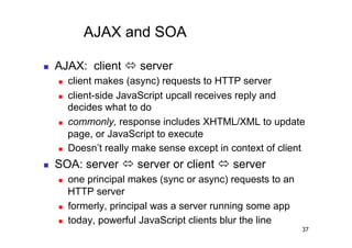 AJAX and SOA

    AJAX: client  server
         client makes (async) requests to HTTP server
         client-side JavaScript upcall receives reply and
          decides what to do
         commonly, response includes XHTML/XML to update
          page, or JavaScript to execute
         Doesn’t really make sense except in context of client
    SOA: server  server or client  server
         one principal makes (sync or async) requests to an
          HTTP server
         formerly, principal was a server running some app
         today, powerful JavaScript clients blur the line
                                                               37
 