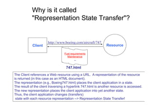 Why is it called
            "Representation State Transfer"?


                       http://www.boeing.com/aircraft/747
            Client                                              Resource

                                   Fuel requirements
                                     Maintenance
                                           ...


                                    747.html
The Client references a Web resource using a URL. A representation of the resource
is returned (in this case as an HTML document).
The representation (e.g., Boeing747.html) places the client application in a state.
The result of the client traversing a hyperlink 747.html is another resource is accessed.
The new representation places the client application into yet another state.
Thus, the client application changes (transfers)
 state with each resource representation --> Representation State Transfer!
 