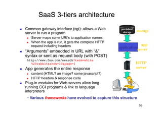 SaaS 3-tiers architecture
    Common gateway interface (cgi): allows a Web           persistent	

                                                                            storage	

     server to run a program                                 storage	


         Server maps some URI’s to application names
         When the app is run, it gets the complete HTTP
          request including headers                                       app	

                                                           application	

                                                                      server	

    “Arguments” embedded in URL with “&”
     syntax or sent as request body (with POST)
     http://www.foo.com/search?term=white
       %20rabbit&show=10&page=1                                             HTTP	

    App generates the entire response                                      server	

         content (HTML? an image? some javascript?)
         HTTP headers & response code
    Plug-in modules for Web servers allow long-
     running CGI programs & link to language
     interpreters
      •  Various frameworks have evolved to capture this structure!
                                                                              56
 