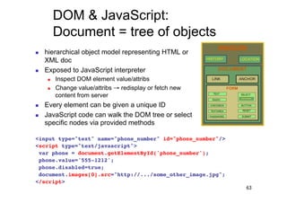 DOM & JavaScript:
          Document = tree of objects
    hierarchical object model representing HTML or
     XML doc
    Exposed to JavaScript interpreter
         Inspect DOM element value/attribs
         Change value/attribs → redisplay or fetch new
          content from server
    Every element can be given a unique ID
    JavaScript code can walk the DOM tree or select
     specific nodes via provided methods

<input type="text" name="phone_number" id="phone_number"/>!
<script type="text/javascript">!
 var phone = document.getElementById('phone_number');!
 phone.value='555-1212';!
 phone.disabled=true;!
 document.images[0].src="http://.../some_other_image.jpg";!
</script>!
                                                              63
 