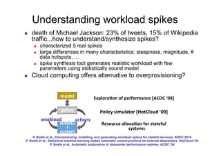 Understanding workload spikes
    death of Michael Jackson: 23% of tweets, 15% of Wikipedia
     traffic...how to understand/synthesize spikes?
         characterized 5 real spikes
         large differences in many characteristics: steepness, magnitude, #
          data hotspots, …
         spike synthesis tool generates realistic workload with few
          parameters using statistically sound model
    Cloud computing offers alternative to overprovisioning?


                       model	
                Explora/on	
  of	
  performance	
  [ACDC	
  ’09]	
  

                        policy	
                  Policy	
  simulator	
  [HotCloud	
  ’09]	
  
          workload	
         ac/ons	
  
                 statefu                            Resource	
  alloca/on	
  for	
  stateful	
  
                       l	
                                           systems	
  
                 system	
  
                                                                        	
  
     P. Bodik et al., Characterizing, modeling, and generating workload spikes for stateful services, SOCC 2010!
P. Bodik et al., Statistical machine learning makes automatic control practical for Internet datacenters, HotCloud '09!
                  P. Bodik et al., Automatic exploration of datacenter performance regimes, ACDC '09 !
                                                             !
                                                             !
 