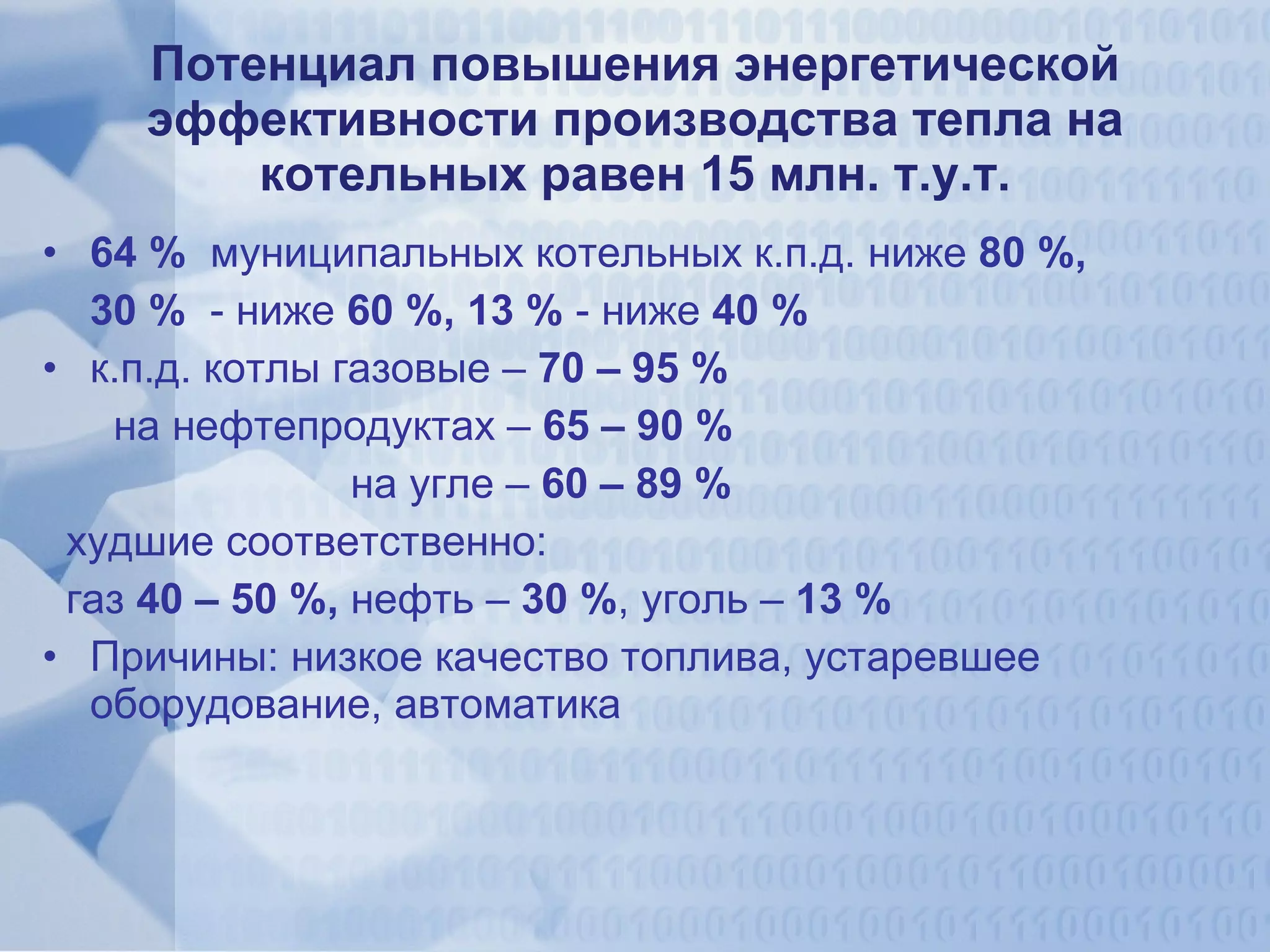 Потенциал повышения энергетической эффективности производства тепла на котельных равен 15 млн. т.у.т. 64 %  муниципальных котельных к.п.д. ниже  80 %, 30 %  - ниже  60 %, 13 %  - ниже  40 %   к.п.д. котлы газовые –  70 – 95 % на нефтепродуктах –  65 – 90 % на угле –  60 – 89 % худшие соответственно: газ  40 – 50 %,  нефть –  30 % , уголь –  13 % Причины: низкое качество топлива, устаревшее оборудование, автоматика 