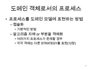 도메인 객체로서의 프로세스프로세스를 도메인 모델에 표현하는 방법캡슐화기본적인 방법알고리즘 자체 or 부분을 객체화여러가지 프로세스가 존재할 경우각각 객체는 다른 STRATEGY를 표현(12장)15