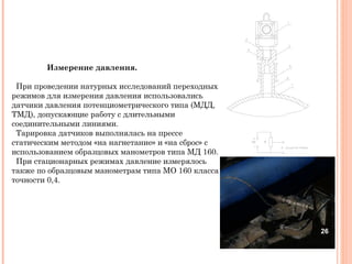 Измерение давления. При проведении натурных исследований переходных режимов для измерения давления использовались датчики давления потенциометрического типа (МДД, ТМД), допускающие работу с длительными соединительными линиями. Тарировка датчиков выполнялась на прессе статическим методом «на нагнетание» и «на сброс» с использованием образцовых манометров типа МД 160. При стационарных режимах давление измерялось также по образцовым манометрам типа МО 160 класса точности 0,4. 