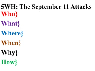 Who}
What}
Where}
When}
Why}
How}
5WH: The September 11 Attacks
 