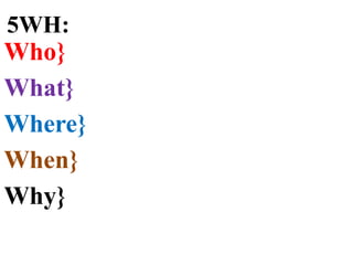 5WH:
Who}
What}
Where}
When}
Why}
 