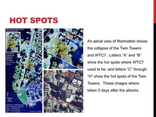 Hot spots,[object Object],An aerial view of Manhattan shows the collapse of the Twin Towers and WTC7.  Letters “A” and “B” show the hot spots where WTC7 used to be, and letters “C” through “H” show the hot spots of the Twin Towers.  These images where taken 5 days after the attacks.  ,[object Object]