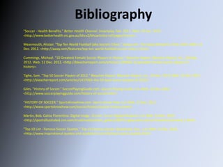 Bibliography
"Soccer - Health Benefits." Better Health Channel. Smartplay, Feb. 2011. Web. 10 Dec. 2012.
<http://www.betterhealth.vic.gov.au/bhcv2/bhcarticles.nsf/pages/Soccer>.

Wearmouth, Alistair. "Top Ten World Football (aka Soccer) Cities." Away.com. The Away Network, 3 Feb. 2010. Web. 12
Dec. 2012. <http://away.com/features/top-ten-world-football-soccer-cities-1.html>.

Cummings, Michael. "10 Greatest Female Soccer Players in History." Bleacher Report. Bleacher Report, Inc., 28 May
2012. Web. 12 Dec. 2012. <http://bleacherreport.com/articles/1199060-10-greatest-female-soccer-players-in-
history>.

Tighe, Sam. "Top 50 Soccer Players of 2012." Bleacher Report. Bleacher Report, Inc., 10 Dec. 2012. Web. 12 Dec. 2012.
<http://bleacherreport.com/articles/1437093-the-50-best-soccer-players-of-2012>.

Giles. "History of Soccer." SoccerPlayingGuide.com. Soccer Playing Guide, n.d. Web. 13 Dec. 2012.
<http://www.soccerplayingguide.com/history-of-soccer.html>.

"HISTORY OF SOCCER." SportsKnowHow.com. Sports Know How, n.d. Web. 13 Dec. 2012.
<http://www.sportsknowhow.com/soccer/history/soccer-history.shtml>.

Martin, Bob. Calcio Fiorentino. Digital image. SI.com. Turner Digital Network, n.d. Web. 14 Dec. 2012.
<http://sportsillustrated.cnn.com/multimedia/photo_gallery/0807/rugby.calcio.storico.fiorentino/content.1.html>.

"Top 10 List - Famous Soccer Quotes." Top 10 Famous Soccer Quotations. N.p., n.d. Web. 14 Dec. 2012.
<http://www.inspirational-quotes-and-quotations.com/famous-soccer-quotes.html>.
 