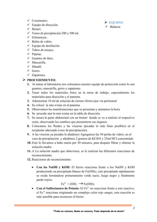 2
“Todo es veneno, Nada es veneno, Todo depende de la dosis“
 Cronómetro.
 Equipo de disección.
 Bisturí.
 Vasos de precipitación 200 y 500 ml.
 Erlenmeyer.
 Balón de vidrio.
 Equipo de destilación.
 Tubos de ensayo.
 Pipetas.
 Guantes de látex.
 Mascarilla.
 Mandil.
 Gorro.
 Zapatones.
 PROCEDIMIENTO:
1. Al entrar al laboratorio nos colocamos nuestro equipo de protección como lo son
guantes, mascarilla, gorro y zapatones.
2. Tener todos los materiales listos en la mesa de trabajo, especialmente los
materiales para disección y el panema.
3. Administrar 10 ml de solución de cloruro férrico por vía peritoneal
4. Se colocó la rata wistar en el panema.
5. Observamos las manifestaciones que se presentan y anotamos la hora.
6. Se procede atar la rata wistar en la tabla de disección.
7. Se rasura la parte abdominal con un bisturí donde se va a realizar el respectivo
corte, observando los cambios que presentaron sus órganos.
8. Colocamos los fluidos y las vísceras (picadas lo más finas posibles) en el
recipiente adecuado (vaso de precipitación).
9. A las vísceras ya picadas le añadimos Agregamos las 50 perlas de vidrio, en el
vaso de precipitación y añadimos 2 gramos de KClO3 y 25ml HCl concentrado.
10. Esto lo llevamos a baño maría por 30 minutos, para después filtrar y obtener la
solución madre.
11. A La solución madre que obtuvimos, se le realizan las diferentes reacciones de
reconocimiento.
12. Reacciones de reconocimiento:
 Con los NaOH y KOH: El hierro reacciona frente a los NaOH y KOH
produciendo un precipitado blanco de Fe(OH)2; este precipitado rápidamente
se oxida formándose primeramente verde sucio, luego negro y finalmente
pardo rojizo.
Fe2+
+ (OH) Fe(OH)2
 Con el Sulfocianuro de Potasio: El Fe2+
no reacciona frente a este reactivo,
el Fe3+
reacciona originando un complejo color rojo sangre, esta reacción es
más sensible para reconocer el hierro.
 EQUIPOS
 Balanza.
 