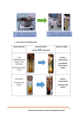 4
“Todo es veneno, Nada es veneno, Todo depende de la dosis“
 Reacciones de identificación:
REACCIONES REACCIONES
ANTES DESPUÉS
RESULTADOS
CON
HIDRÓXIDO DE
SODIO Y DE
POTASIO
(Precipitado pardo
rojizo)
Positivo
característico
(precipitado
verde, negro y
rojizo)
CON KSCN
(Complejo rojo
sangre.)
Positivo
característico
(complejo rojo
sangre)
5. Llevar a baño María por 30
minutos con agitación regular.
6. Se filtra y se recoge la solución
madre para realizar las reacciones.
 