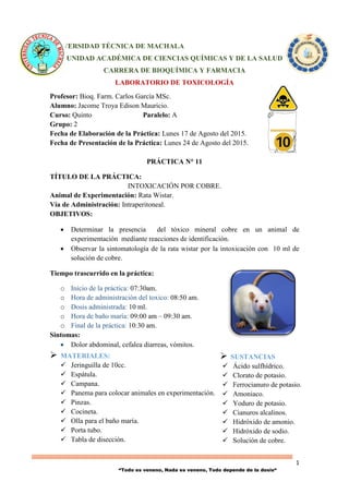 1
“Todo es veneno, Nada es veneno, Todo depende de la dosis“
 SUSTANCIAS
 Ácido sulfhídrico.
 Clorato de potasio.
 Ferrocianuro de potasio.
 Amoniaco.
 Yoduro de potasio.
 Cianuros alcalinos.
 Hidróxido de amonio.
 Hidróxido de sodio.
 Solución de cobre.
UNIVERSIDAD TÉCNICA DE MACHALA
UNIDAD ACADÉMICA DE CIENCIAS QUÍMICAS Y DE LA SALUD
CARRERA DE BIOQUÍMICA Y FARMACIA
LABORATORIO DE TOXICOLOGÍA
Profesor: Bioq. Farm. Carlos García MSc.
Alumno: Jacome Troya Edison Mauricio.
Curso: Quinto Paralelo: A
Grupo: 2
Fecha de Elaboración de la Práctica: Lunes 17 de Agosto del 2015.
Fecha de Presentación de la Práctica: Lunes 24 de Agosto del 2015.
PRÁCTICA N° 11
TÍTULO DE LA PRÁCTICA:
INTOXICACIÓN POR COBRE.
Animal de Experimentación: Rata Wistar.
Vía de Administración: Intraperitoneal.
OBJETIVOS:
 Determinar la presencia del tóxico mineral cobre en un animal de
experimentación mediante reacciones de identificación.
 Observar la sintomatología de la rata wistar por la intoxicación con 10 ml de
solución de cobre.
Tiempo trascurrido en la práctica:
o Inicio de la práctica: 07:30am.
o Hora de administración del toxico: 08:50 am.
o Dosis administrada: 10 ml.
o Hora de baño maría: 09:00 am – 09:30 am.
o Final de la práctica: 10:30 am.
Sintomas:
 Dolor abdominal, cefalea diarreas, vómitos.
 MATERIALES:
 Jeringuilla de 10cc.
 Espátula.
 Campana.
 Panema para colocar animales en experimentación.
 Pinzas.
 Cocineta.
 Olla para el baño maría.
 Porta tubo.
 Tabla de disección.
 