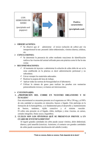6
“Todo es veneno, Nada es veneno, Todo depende de la dosis“
 OBSERVACIONES:
 Se observó que al administrar el toxico (solución de cobre) por vía
intraperitoneal la rata presentó: dolor abdominales, vómitos diarrea, cefaleas,
etc.
 CONCLUSIONES:
 Se determinó la presencia de cobre mediante reacciones de identificación
realiza a las vísceras del animal utilizado para esta práctica como lo fue la rata
wistar.
 RECOMENDACIONES:
 Al momento de inyectar o administrar la solución de cobre debe de ser en la
zona establecida en la práctica es decir administración peritoneal y no
subcutánea.
 Llevar siempre los materiales adecuados.
 Realizar la asepsia del área de trabajo.
 Aplicar todas las normas de bioseguridad en el laboratorio.
 Utilizar la cámara de gases para realizar las pruebas con sustancias
potencialmente toxicas y evitamos así intoxicaciones.
 CUESTIONARIO:
1. ¿PROPORCIÓN DEL COBRE EN NUESTRO ORGANISMO Y SU
FUNCIÓN?
Este micromineral se encuentra presente en el organismo en 100 a 150 mg, y el 90%
de esta cantidad se encuentra en músculos, huesos e hígado. Este participa en la
formación de la hemoglobina, y es fundamental para el desarrollo y mantenimiento
de huesos, tendones, tejido conectivo y el sistema vascular.
El cobre esta presente en el hígado, riñón, mollejas y otras vísceras, en carnes,
cereales integrales, frutas secas y legumbres.
2. CUÁLES SON LOS SÍNTOMAS QUÉ SE PRESENTAN FRENTE A UN
CUARO DE ENVENENAMIENTO?
Al ingerir grandes cantidades de cobre puede causar vómitos, dolor abdominal,
diarrea y piel amarilla (ictericia). Asimismo, el contacto con grandes cantidades
de cobre puede ocasionar decoloración del cabello (verde).
CON
HIDROXIDO DE
SODIO
(precipitado azul
pegajoso)
Positivo
característico
(precipitado azul)
 