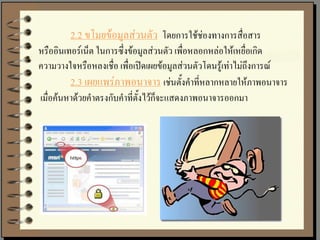 2.2 ขโมยข้อมูลส่วนตัว โดยการใช้ช่องทางการสื่อสาร
หรืออินเทอร์เน็ต ในการซึ่งข้อมูลส่วนตัว เพื่อหลอกหล่อให้เหยื่อเกิด
ความวางใจหรือหลงเชื่อ เพื่อเปิดเผยข้อมูลส่วนตัวโดนรู้เท่าไม่ถึงการณ์
         2.3 เผยแพร่ภาพอนาจาร เช่นตั้งคาที่หลากหลายให้ภาพอนาจาร
เมื่อค้นหาด้วยคาตรงกับคาที่ตั้งไว้ก็จะแสดงภาพอนาจารออกมา
 