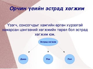 Орчин үеийн эстрад хөгжим


  Үзэгч, сонсогчдыг хамгийн өргөн хүрээтэй 
хамарсан цэнгээний хөгжмийн төрөл бол эстрад 
                 хөгжим юм.
                   Эстрад хөгжим




        
           Джаз        Рок         Поп
                              
 