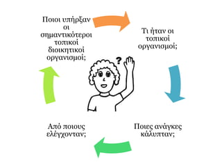 Οι τοπικοί οργανισμοί 
Ήταν ένα είδος τοπικών κυβερνήσεων. 
Σχηματίστηκαν για να καλύψουν τις εξής ανάγκες: 
Ανεφοδιασμό στρατευμάτων, 
Διαχείριση των εθνικών κτημάτων, 
Πολιτική οργάνωση των απελευθερωμένων περιοχών. 
 