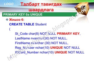 LOGO     Талбарт тавигдах
            шаардлага
PRIMARY KEY ба UNIQUE
  Жишээ 6:
   CREATE TABLE Student
   (
      St_Code char(8) NOT NULL PRIMARY KEY,
      LastName nvarchar(30) NOT NULL,
      FirstName nvarchar (30) NOT NULL,
      Reg_Number nchar(10) UNIQUE NOT NULL
      IDCard_Number nchar(10) UNIQUE NOT NULL
    )
 