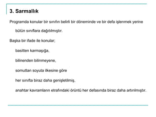 3. Sarmallık Programda konular bir sınıfın belirli bir döneminde ve bir defa işlenmek yerine bütün sınıflara dağıtılmıştır.  Başka bir ifade ile konular;  basitten karmaşığa,  bilinenden bilinmeyene,  somuttan soyuta ilkesine göre  her sınıfta biraz daha genişletilmiş,  anahtar kavramların etrafındaki örüntü her defasında biraz daha artırılmıştır.  