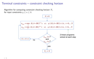 Terminal constraints – constraint checking horizon
Algorithm for computing constraint checking horizon Nc
for input constraints u ≤ u ≤ u:
C4A Model Predictive Control 3 - 28
Terminal constraint set
Algorithm (computation of ) :
umax := max
x
K(A+ BK)N +1
x s.t. u ! K(A+ BK)i
x ! u, i = 0,…N
umin := min
x
K(A+ BK)N +1
x s.t. u ! K(A+ BK)i
x ! u, i = 0,…N
Nc := N
N := 0
umax ! u ?
and
umin  u?
N := N +1
no
yes
2 linear programs
solved at each step
3 - 26
 
