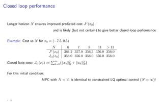 Closed loop performance
Longer horizon N ensures improved predicted cost J∗
(x0)
and is likely (but not certain) to give better closed-loop performance
Example: Cost vs N for x0 = (−7.5, 0.5)
N 6 7 8 11  11
J∗
(x0) 364.2 357.0 356.3 356.0 356.0
Jcl(x0) 356.0 356.0 356.0 356.0 356.0
Closed loop cost: Jcl(x0) :=
P∞
k=0 kxkk2
Q + kukk2
R

For this initial condition:
MPC with N = 11 is identical to constrained LQ optimal control (N = ∞)!
3 - 28
 