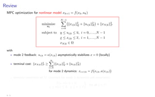Review
MPC optimization for nonlinear model xk+1 = f(xk, uk)
minimize
uk
N−1
X
i=0
kxi|kk2
Q + kui|kk2
R

+ kxN|kk2
P
subject to u ≤ ui|k ≤ u, i = 0, . . . , N − 1
x ≤ xi|k ≤ x, i = 1, . . . , N − 1
xN|k ∈ Ω
with
? mode 2 feedback: ui|k = κ(xi|k) asymptotically stabilizes x = 0 (locally)
? terminal cost: kxN|kk2
P ≥
∞
X
i=N
(kxi|kk2
Q + kui|kk2
R)
for mode 2 dynamics: xi+1|k = f xi|k, κ(xi|k)

? terminal constraint set Ω: invariant for mode 2 dynamics and constraints
f x, κ(x)

∈ Ω
u ≤ κ(x) ≤ u, x ≤ x ≤ x

for all x ∈ Ω
4 - 5
 