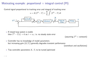 Motivating example: proportional + integral control (PI)
Control signal proportional to tracking error and integral of tracking error:
u = K(T0
− T) +
K
Ti
Z t
(T0
− T) dt
? If closed loop system is stable
then T0
− T(t) → 0 as t → ∞, i.e. no steady state error
(assuming T0
= constant)
? Controller has no knowledge of model parameters
but increasing gain (K/Ti) generally degrades transient performance
(overshoot and oscillations)
? Two controller parameters K, Ti to be tuned/optimized
1 - 10
 