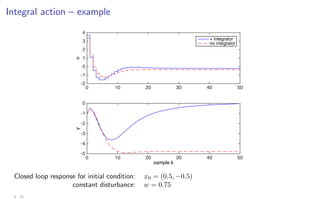 Integral action – example
+ integrator
no integrator
0 10 20 30 40 50
u
-2
-1
0
1
2
3
4
+ integrator
no integrator
sample k
0 10 20 30 40 50
y
-5
-4
-3
-2
-1
0
Closed loop response for initial condition: x0 = (0.5, −0.5)
constant disturbance: w = 0.75
4 - 16
 