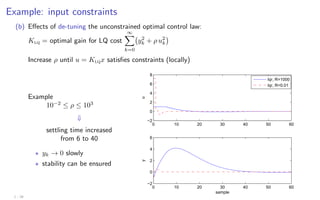 Example: input constraints
(b) Effects of de-tuning the unconstrained optimal control law:
Klq = optimal gain for LQ cost
∞
X
k=0
y2
k + ρ u2
k

Increase ρ until u = Klqx satisfies constraints (locally)
Example
10−2
≤ ρ ≤ 103
⇓
settling time increased
from 6 to 40
? yk → 0 slowly
? stability can be ensured
0 10 20 30 40 50 60
−2
0
2
4
6
y
sample
0 10 20 30 40 50 60
−2
0
2
4
6
8
u
lqr, R=1000
lqr, R=0.01
1 - 28
 