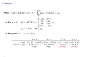 Example
Model: A, B, C as before, cost: Jk =
N−1
X
i=0
y2
i|k + 0.01u2
i|k

+ y2
N|k
I For N = 4: u∗
k = −H−1
Fxk =



−4.36 −18.7
1.64 1.24
1.41 3.00
0.59 1.83


xk
uk =

−4.36 −18.7

xk
I For general N: uk = L(N)xk
N = 4 N = 3 N = 2 N = 1
L(N)

−4.36 −18.69
 
−3.80 −16.98
 
1.22 −3.95
 
5.35 5.10

λ A + BL(N)

0.29 ± 0.17j 0.36 ± 0.22j 1.36, 0.38 2.15, 0.30
stable stable unstable unstable
2 - 9
 