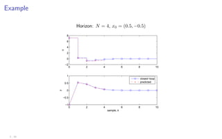 Example
Horizon: N = 4, x0 = (0.5, −0.5)
0 2 4 6 8 10
−2
0
2
4
6
8
u
0 2 4 6 8 10
−1
−0.5
0
0.5
1
sample, k
y
closed−loop
predicted
2 - 10
 