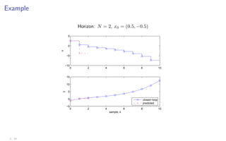 Example
Horizon: N = 2, x0 = (0.5, −0.5)
0 2 4 6 8 10
−10
−5
0
5
u
0 2 4 6 8 10
−5
0
5
10
15
sample, k
y
closed−loop
predicted
2 - 10
 