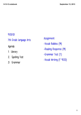 9­13­13.notebook
1
September 13, 2013
9/13/13
7th Grade Language Arts
Agenda:
1. Library
2. Spelling Test
3. Grammar
Assignment:
-Vocab Bubbles (M)
-Reading Response (M)
-Grammar Test (T)
-Vocab Writing (F 9/20)
 