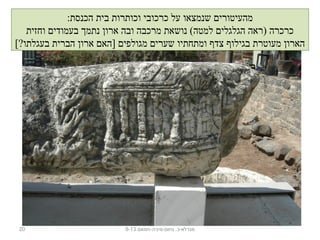 20 ‫נחום-מיניה-חמאם‬ .‫מגדלא-כ‬9-13
:‫הכנסת‬ ‫בית‬ ‫וכותרות‬ ‫כרכובי‬ ‫על‬ ‫שנמצאו‬ ‫מהעיטורים‬
‫וחזית‬ ‫בעמודים‬ ‫נתמך‬ ‫ארון‬ ‫ובה‬ ‫מרכבה‬ ‫נושאת‬ (‫למטה‬ ‫הגלגלים‬ ‫)ראה‬ ‫כרכרה‬
[?‫בעגלתו‬ ‫הברית‬ ‫ארון‬ ‫]האם‬ ‫מגולפים‬ ‫שערים‬ ‫ומתחתיו‬ ‫צדף‬ ‫בגילוף‬ ‫מעוטרת‬ ‫הארון‬
 