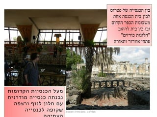 ‫פטרוס‬ ‫של‬ ‫הכנסייה‬ ‫בין‬
‫אחת‬ ‫הכנסת‬ ‫בית‬ ‫לבין‬
‫הקדום‬ ‫הכפר‬ ‫משכונות‬
‫לרחוב‬ ‫בית‬ ‫בין‬ ‫ובו‬
"‫כורזים‬ ‫"חלונות‬
‫ותאורה‬ ‫אוורור‬ ‫פתחי‬
22 ‫נחום-מיניה-חמאם‬ .‫מגדלא-כ‬9-13
‫הקדומות‬ ‫הכנסיות‬ ‫מעל‬
‫מודרנית‬ ‫כנסייה‬ ‫נבנתה‬
‫ורצפה‬ ‫לנוף‬ ‫חלון‬ ‫עם‬
‫לכנסייה‬ ‫שקופה‬
 