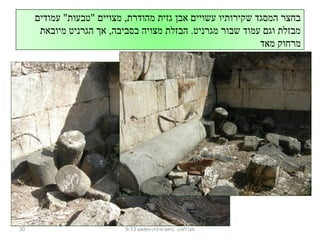 ‫עמודי ם‬ "‫"טבעות‬ ‫מצויי ם‬ ,‫מהודרת‬ ‫גזית‬ ‫אב ן‬ ‫עשויי ם‬ ‫שקירותיו‬ ‫המסגד‬ ‫בחצר‬
‫מיובאת‬ ‫הגרניט‬ ‫אך‬ ,‫בסביבה‬ ‫מצויה‬ ‫הבזלת‬ .‫מגרניט‬ ‫שבור‬ ‫עמוד‬ ‫וג ם‬ ‫מבזלת‬
‫מאד‬ ‫מרחוק‬
30 ‫נחום-מיניה-חמאם‬ .‫מגדלא-כ‬9-13
 