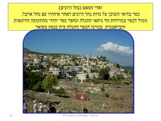 (‫היוני ם‬ ‫)נחל‬ ‫חמא ם‬ ‫ואדי‬
.‫ארבל‬ ‫נחל‬ ‫ע ם‬ ‫איחודו‬ ‫לאחר‬ ‫היוני ם‬ ‫נחל‬ ‫גדות‬ ‫על‬ ‫השוכ ן‬ ‫בדואי‬ ‫כפר‬
‫הרומאית‬ ‫מהתקופה‬ ‫יהודי‬ ‫כפר‬ ‫ונחפר‬ ‫התגלה‬ ‫ניתאי‬ ‫הר‬ ‫במורדות‬ ‫לכפר‬ ‫ממול‬
‫מפואר‬ ‫כנסת‬ ‫בית‬ ‫התגלה‬ ‫הכפר‬ ‫במרכז‬ .‫והביזאנטית‬
31 ‫נחום-מיניה-חמאם‬ .‫מגדלא-כ‬9-13
 