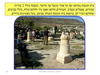 ‫כולל‬ ‫המבנה‬ .‫מיושר‬ ‫אך‬ ‫מוגבל‬ ‫אזור‬ ‫על‬ ‫יפה‬ ‫ממוק ם‬ ‫הכנסת‬ ‫בית‬2‫שורות‬
,‫בסיסי ם‬ ‫כולל‬ ,‫בזלת‬ ‫וחלק ם‬ ‫גיר‬ ‫מאב ן‬ ‫חלק ם‬ ‫העמודי ם‬ .‫מסביב‬ ‫ספסלי ם‬ ,‫עמודי ם‬
‫נדירי ם‬ ‫מאפייני ם‬ ‫בעל‬ ,‫פסיפס‬ ‫התגלה‬ ‫הכנסת‬ ‫בית‬ ‫ברצפת‬ .‫לב‬ ‫דמויי‬ ‫שחלק ם‬
32 ‫נחום-מיניה-חמאם‬ .‫מגדלא-כ‬9-13
 