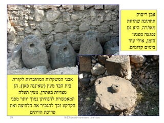 39 ‫נחום-מיניה-חמאם‬ .‫מגדלא-כ‬9-13
‫לקורת‬ ‫המחוברות‬ ‫המשקלות‬ ‫אבני‬
‫הן‬ .(‫כאן‬ ‫)שאיננה‬ ‫מעץ‬ ‫הבד‬ ‫בית‬
‫תעלה‬ ‫מעין‬ ,‫באתרן‬ ‫מצויות‬
‫מפני‬ ‫יותר‬ ‫נמוך‬ ‫להנחיתן‬ ‫המאפשרת‬
‫ואת‬ ‫הלחיצה‬ ‫את‬ ‫להגביר‬ ‫וכך‬ ‫הקרקע‬
‫הזיתים‬ ‫פריכת‬
‫ריסוק‬ ‫אבן‬
‫שהוזזה‬ ‫תחתונה‬
‫גם‬ ‫היא‬ .‫מאתרה‬
‫מפגעי‬ ‫נפגעה‬
‫עוד‬ ‫אולי‬ ,‫הזמן‬
.‫קדומים‬ ‫בימים‬
 