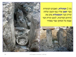 ‫בין‬2‫הבתולות‬‫העומדות‬ ‫האבנים‬ ,
‫מצוי‬‫האגן‬‫שלחץ‬ ‫השמן‬ ‫נטף‬ ‫אליו‬
‫הבד‬ ‫קורת‬‫והמשקלות‬‫את‬ ‫סחט‬
‫הבד‬ ‫קורת‬ ‫למעט‬ .‫הפרוכות‬ ‫הזיתים‬
‫באתרו‬ ‫מצוי‬ ‫המתקן‬ ‫כל‬ ‫עצמה‬
40 ‫נחום-מיניה-חמאם‬ .‫מגדלא-כ‬9-13
 