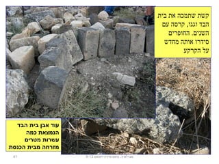 41 ‫נחום-מיניה-חמאם‬ .‫מגדלא-כ‬9-13
‫בית‬ ‫את‬ ‫שתמכה‬ ‫קשת‬
‫עם‬ ‫קרסה‬ ,‫וגגו‬ ‫הבד‬
‫החופרים‬ .‫השנים‬
‫מחדש‬ ‫אותה‬ ‫סידרו‬
‫הקרקע‬ ‫על‬
‫הבד‬ ‫בית‬ ‫אבן‬ ‫עוד‬
‫כמה‬ ‫הנמצאת‬
‫מטרים‬ ‫עשרות‬
‫הכנסת‬ ‫מבית‬ ‫מזרחה‬
 