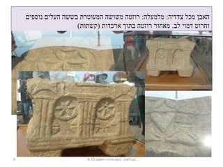 ‫נוספים‬ ‫העלים‬ ‫בששה‬ ‫המעוטרת‬ ‫משושה‬ ‫רוזטה‬ :‫מלמעלה‬ :‫צדדיה‬ ‫מכל‬ ‫האבן‬
(‫)קשתות‬ ‫ארכדות‬ ‫בתוך‬ ‫רוזטה‬ ‫מאחור‬ .‫לב‬ ‫דמוי‬ ‫וחרוט‬
6 ‫נחום-מיניה-חמאם‬ .‫מגדלא-כ‬9-13
 