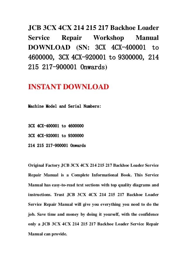 jcb 3cx 4cx 214 215 217 backhoe loader service repair workshop manual