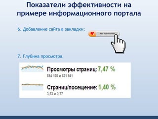 Показатели эффективности на
примере информационного портала

6. Добавление сайта в закладки;




7. Глубина просмотра.
 