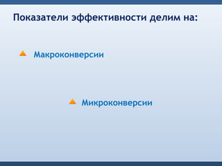 Показатели эффективности делим на:


   Макроконверсии




            Микроконверсии
 