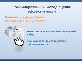 Комбинированный метод оценки
           эффективности
Комбинация двух и более
описанных выше методов:


            метод на основе анализа посещений
            сайта
             +
            экономический метод оценки
            эффективности
 