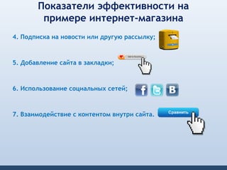 Показатели эффективности на
        примере интернет-магазина
4. Подписка на новости или другую рассылку;



5. Добавление сайта в закладки;



6. Использование социальных сетей;



7. Взаимодействие с контентом внутри сайта.
 