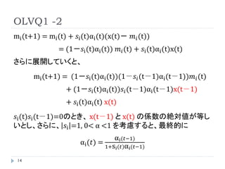 OLVQ1 -2
mi (t+1) = mi (t) + 𝑠i (t)αi (t)(x(t)－ 𝑚 𝑖 (t))
               = (1－𝑠i (t)αi (t)) 𝑚 𝑖 (t) + 𝑠i (t)αi (t)x(t)
さらに展...