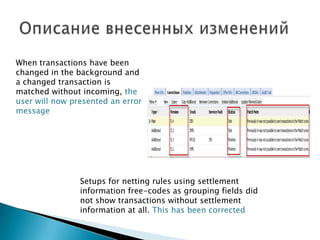 When transactions have been
changed in the background and
a changed transaction is
matched without incoming, the
user will now presented an error
message




                Setups for netting rules using settlement
                information free-codes as grouping fields did
                not show transactions without settlement
                information at all. This has been corrected
 